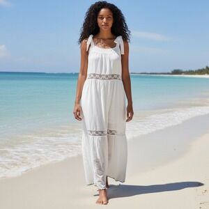 Lulus Mediterranean Moments Boho Romantic‎ White Tie-Strap Maxi Dress, Size S